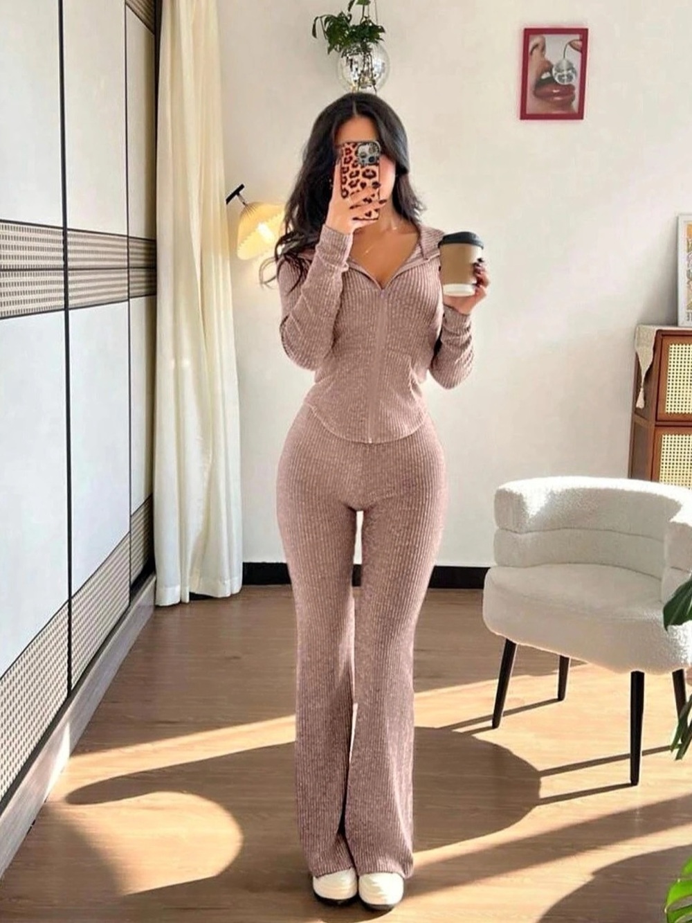 Light Pink Ribbed Hooded Jumpsuit - Brand New
